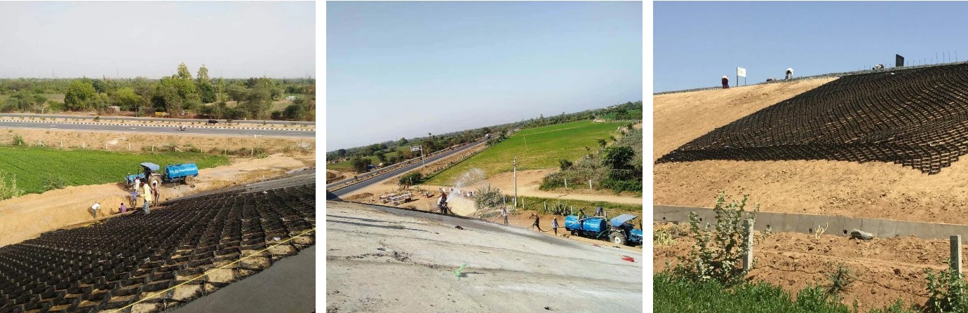 Construction of sand embankment using StrataWeb® geocells by Strata Global for slope erosion protection at near railway tracks